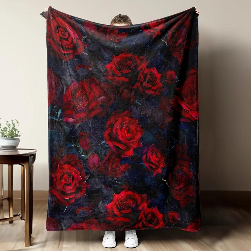Pink Rose Floral Throw Blanket, Soft Cozy Flannel Blanket, Romantic Home Decor Gift for Couch Bed
