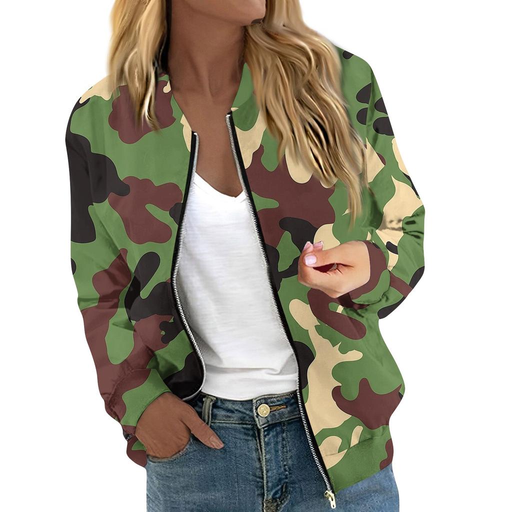 Damen Langarm Reißverschluss Camouflage Print Jacke Lässige Steppjacke mit Taschen