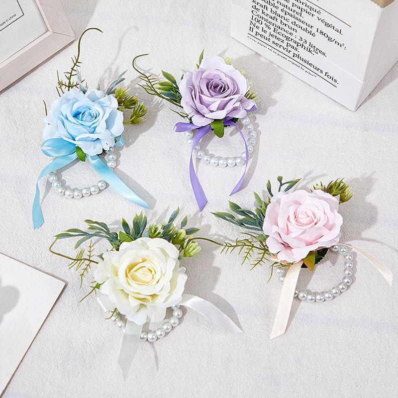 1 pz Fiore Artificiale Accessori Matrimonio Corsage da Polso Bottoniera Matrimonio Braccialetti per Damigelle Rose di Seta