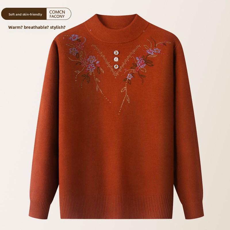 Mother's autumn and winter fleece-lined base shirt, middle-aged and elderly autumn clothing, winter warm sweater, women's top, ladies' knitwear