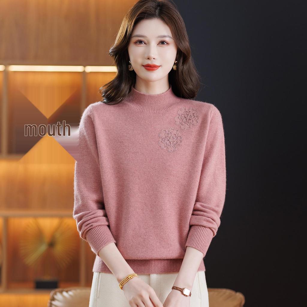 Women's Pure Wool Embroidered Sweater - Half-High Collar, Autumn/Winter, for Middle-Aged & Elderly, Warm Base Layer/Outerwear