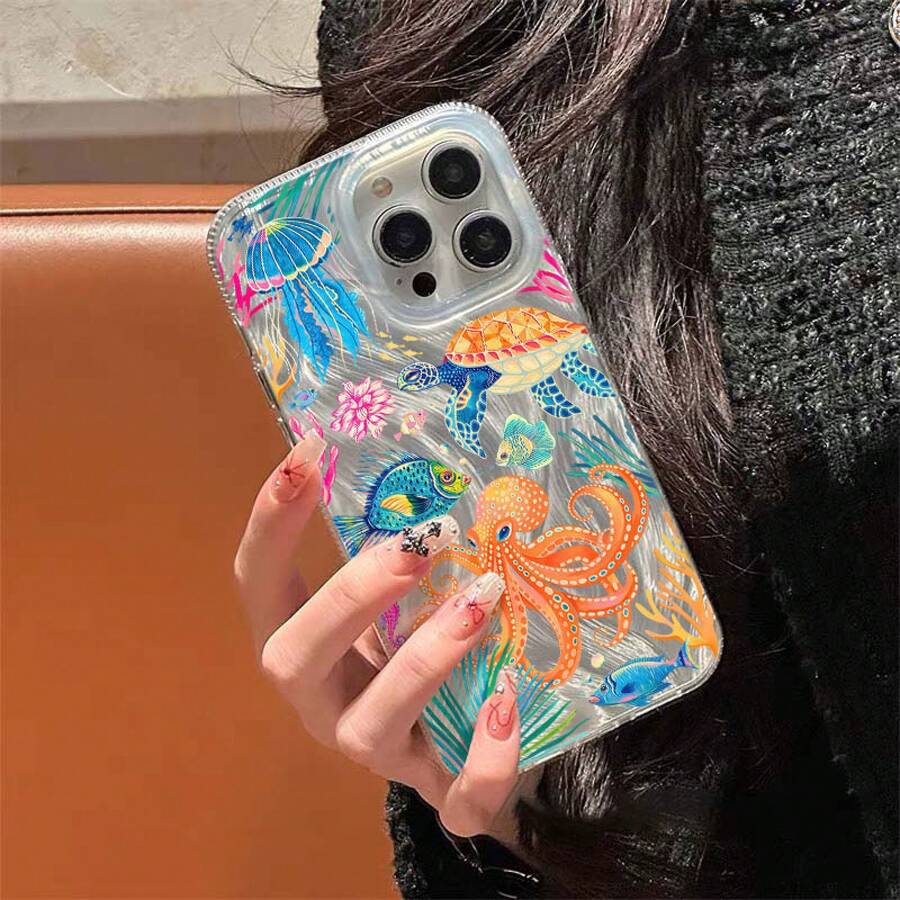 Marine Animals Illustration Feather Phone Case For iPhone 17 16 15 14 13 12 11 Pro Max 16E 17E XS X XR 7 8 Plus Shockproof Cover