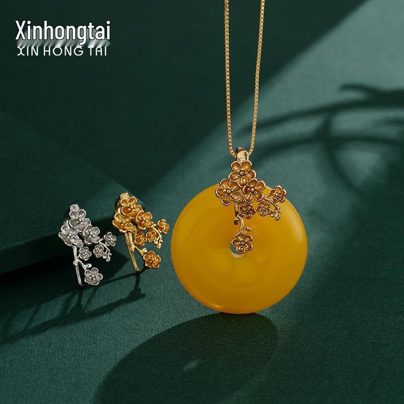 

Women s Retro Plum Blossom Jadeite Pendant with Silver Bail Clip
