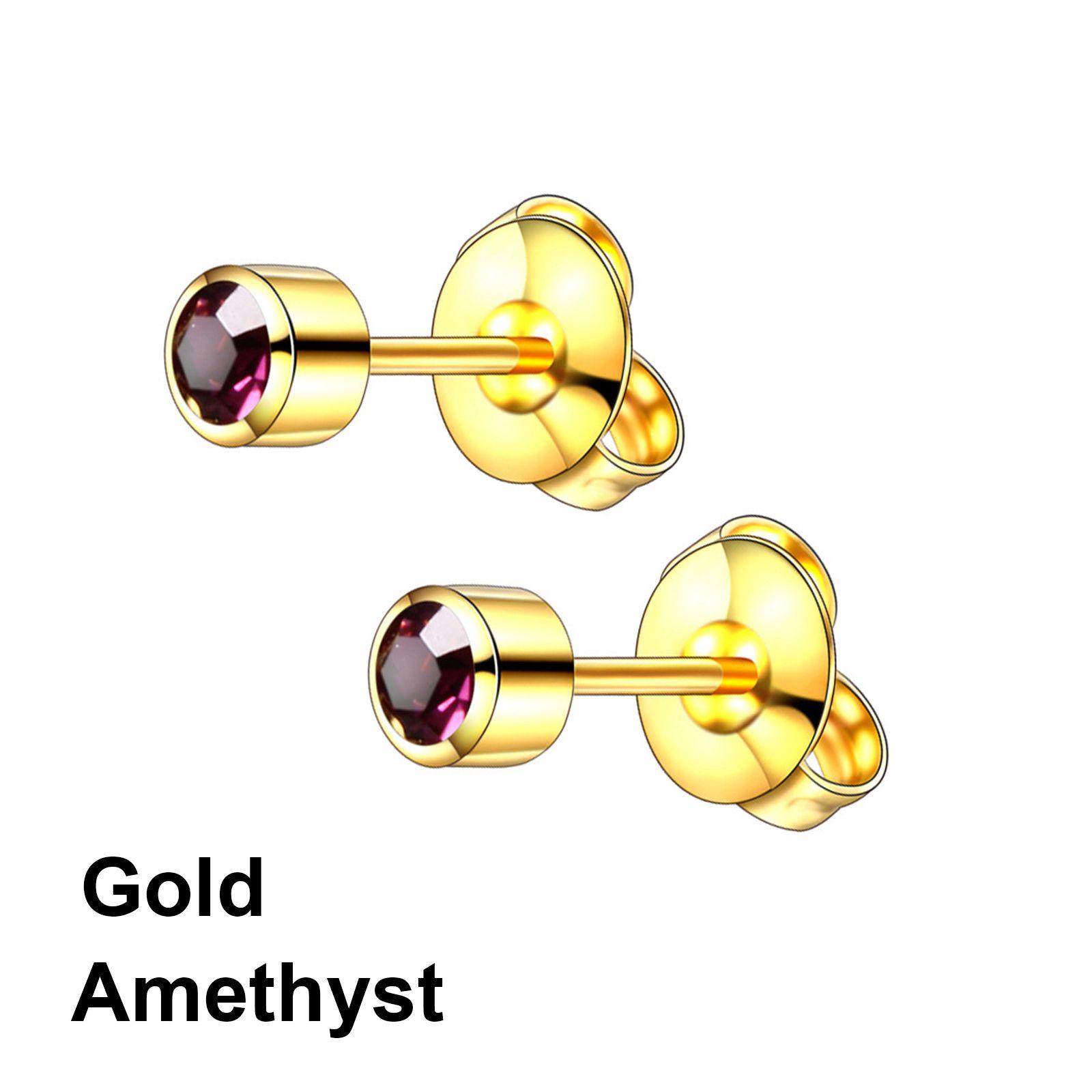 Rustproof Zirconia Inlaid Stud Earrings Stainless Steel Ear Piercing Stud Ear Piercing Earrings gold-Amethyst