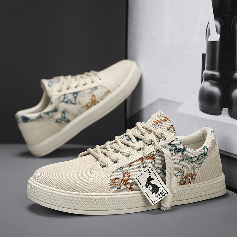 Cloth Breathable Low-Top Board Shoes Men'S Casual Flat-Bottom Sports Color Matching Lace-Up Trendy Men'S Shoes