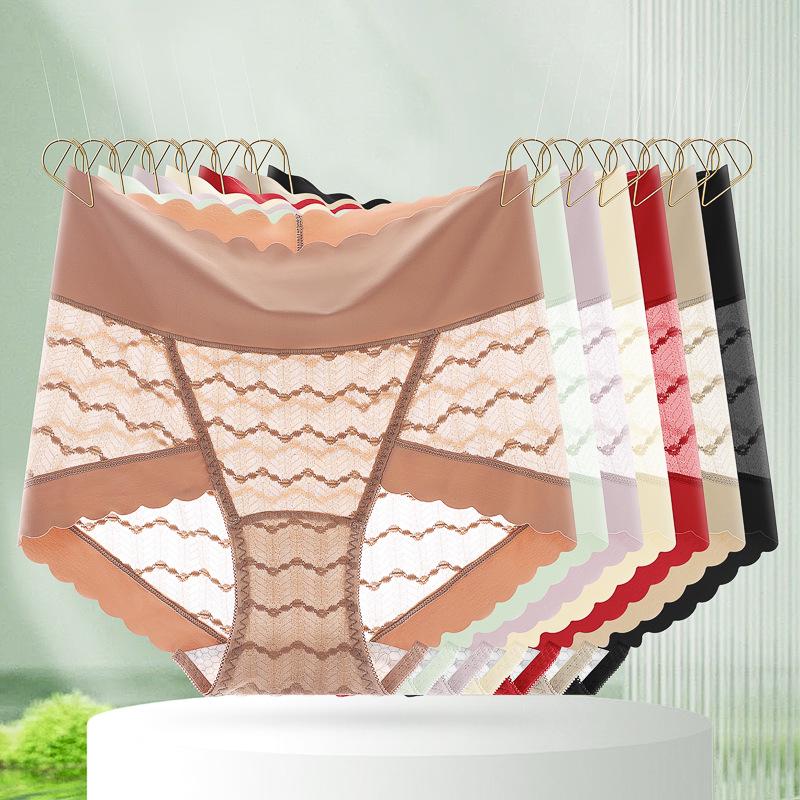 Popular Seamless High-Waisted Light Lace Tummy Control Silk Panties for Women