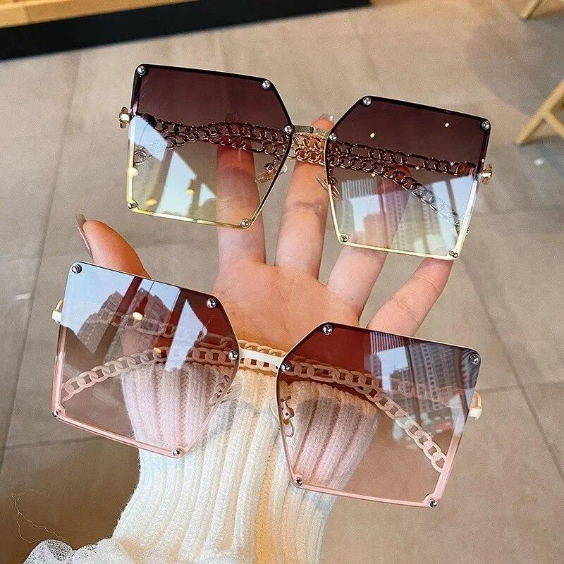 2025 neue Mode Oversize Gradienten Sonnenbrille Für Frauen Vintage Legierung Kette Rahmen Niet Quadrat Sonnenbrille Weibliche Elegante Shades