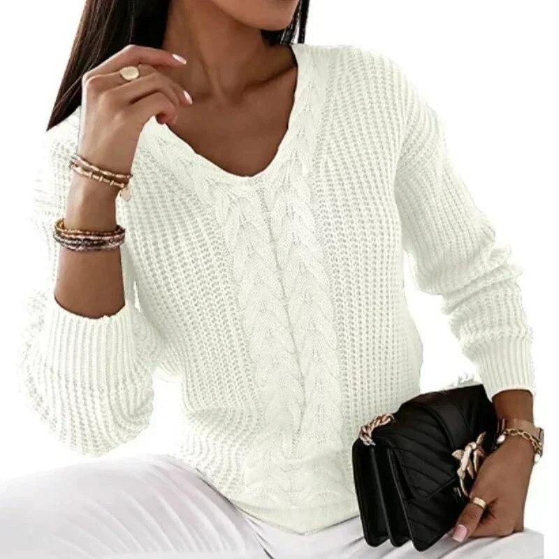 

Зимовий теплий в’язаний жіночий светр з V-подібним вирізом Модні пуловери з довгим рукавом Зимові офісні леді Однотонний трикотаж Twist Tops 29441 XXXL білий