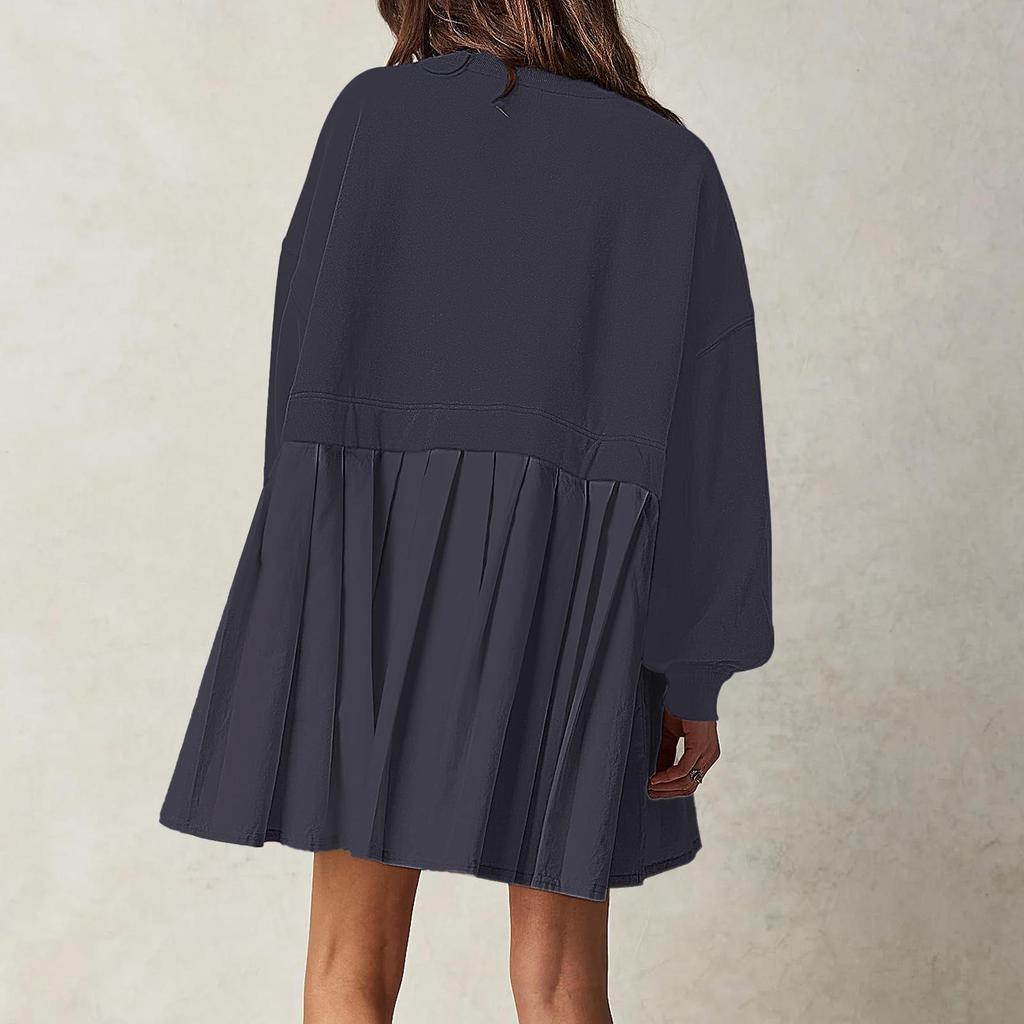 Women's Solid Color Patchwork Pleated Hoodie Dress - Autumn/Winter 2026 Collection