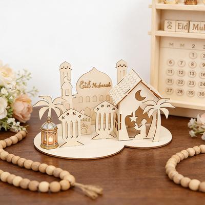 1set Islamic Castle Table Ornaments Eid Mubarak Wooden DIY Puzzle for Home Decoration 2026 Ramadan Muslim Party Supplies Gifts