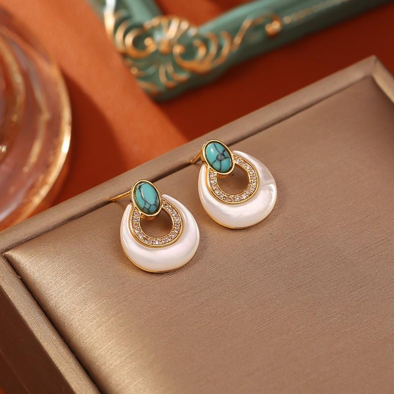 Elegant Geometric Mother-of-Pearl Turquoise Earrings Women Sterling Post With Real Gold Plating 2025