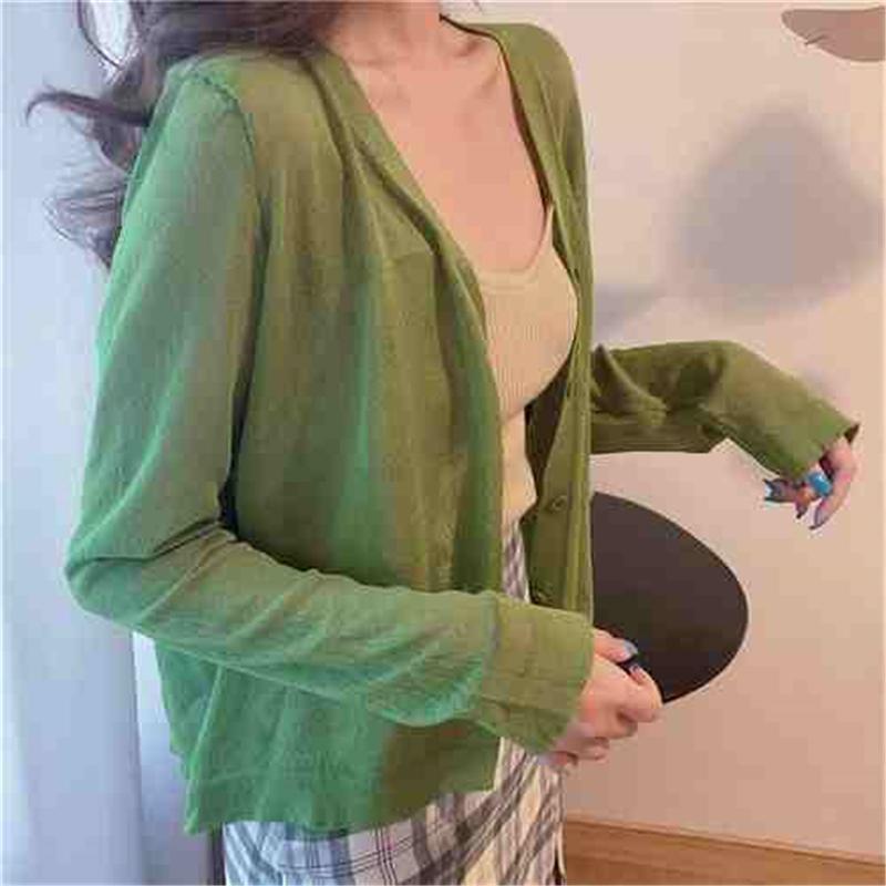 

Модная летняя трикотажная рубашка с солнцезащитным кремом, новые повседневные кардиганы с длинным рукавом и тонким верхом с V-образным вырезом, однотонные простые элегантные блузки 3668 One Size трава зеленый