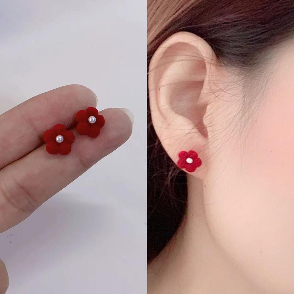 S925 Silberstift Herbst/Winter Weinrote Beflockte Perlen Ohrstecker mit Zinnoberroten Blumen - Französischer Retro Weihnachts-Stil.