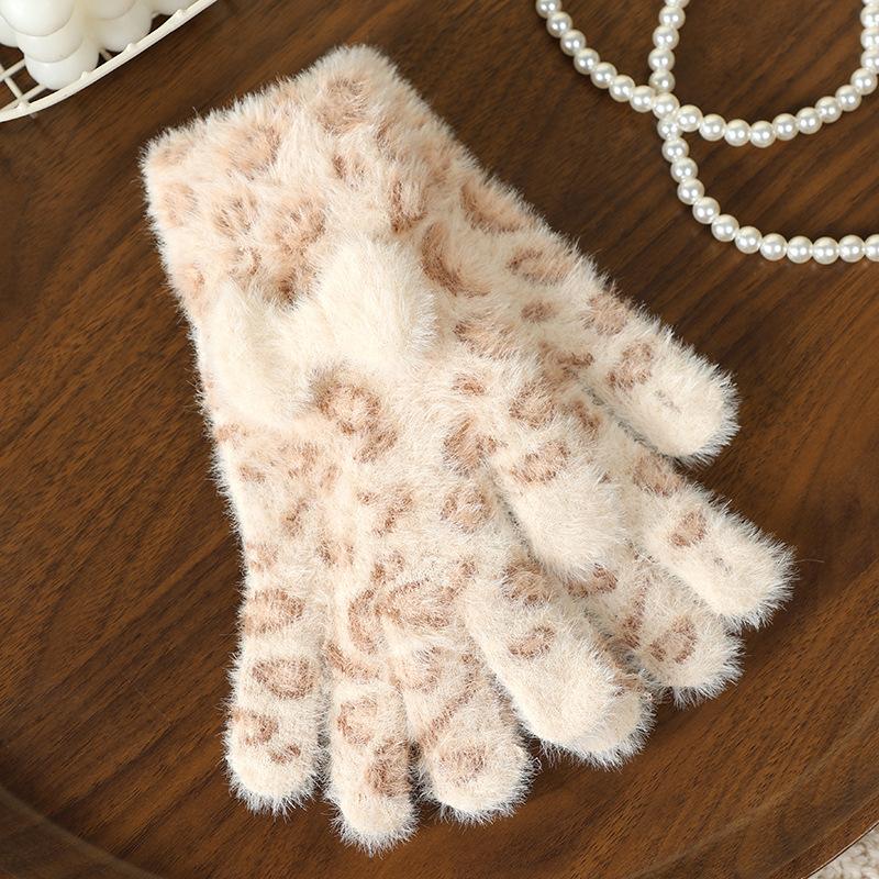 Fashion Bow Gloves Autumn and Winter Warm Gloves Women's Cute Leopard Print Finger Gloves Knitted Gloves