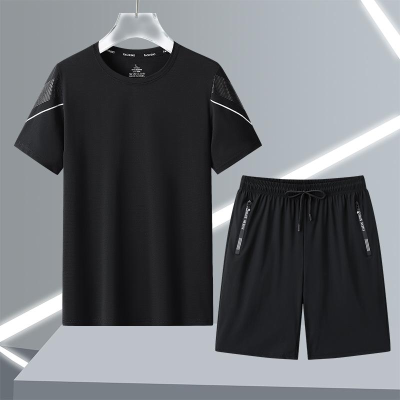 

Summer Sports and Leisure Suit Men s Ice Silk Round Neck T-shirt Shorts Suit Breathable Quick-drying Suit Men s Two-piece Set L чорний
