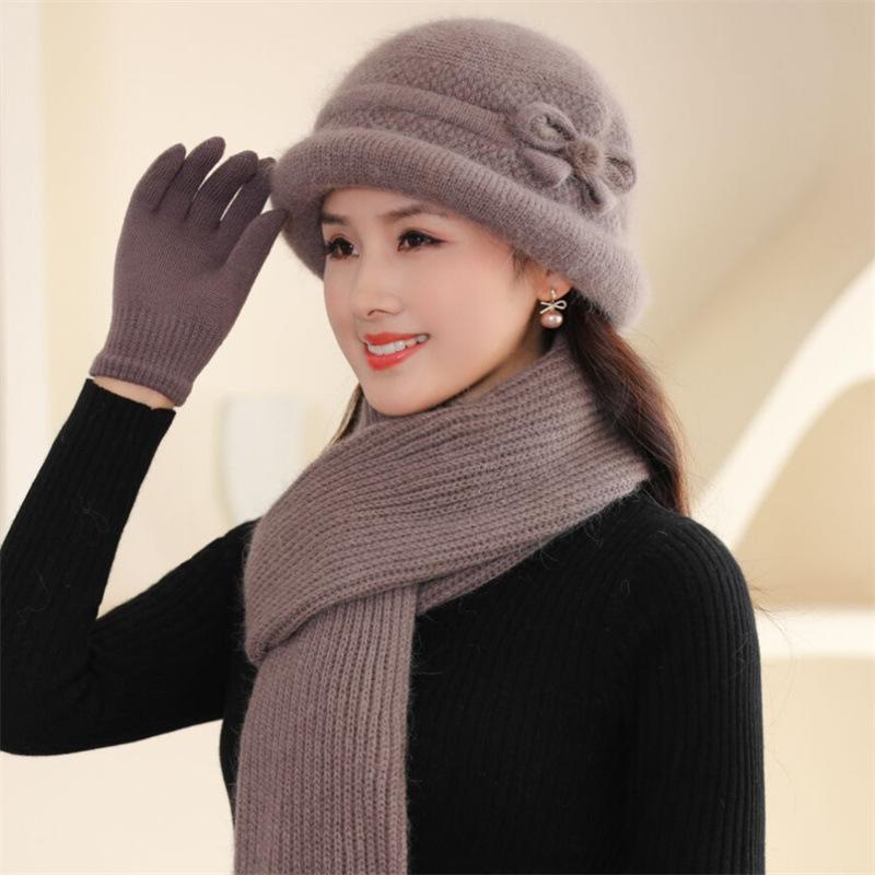 Fleece warm gestrickte Kaninchenfellmütze Damen Herbst und Winter kalte Handschuhe Schal Beanie Hut Trend bei älteren Menschen