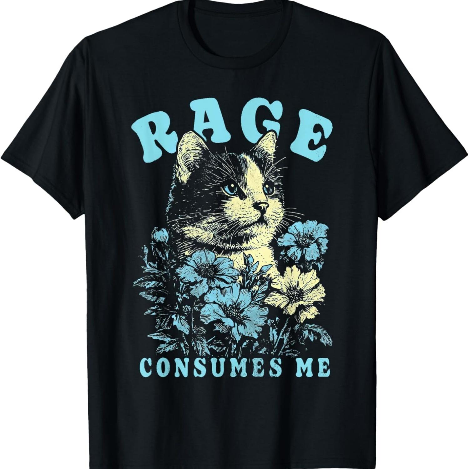 Cat Rage Is Consuming Me Funny Meme Flower Cats Kitten Men Women Kids T-Shirt S чёрный