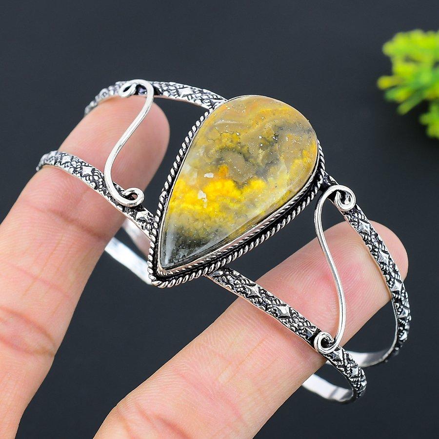 Bracelet manchette ajustable en argent sterling 925 avec pierre précieuse en jaspe bourdon naturel. E0N23