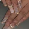 24Pcs Long Square Press On Nails Leopard Print French 3D Cherry Design False Nail Rhinestone Wearable Full Cover Fake Nails Tips