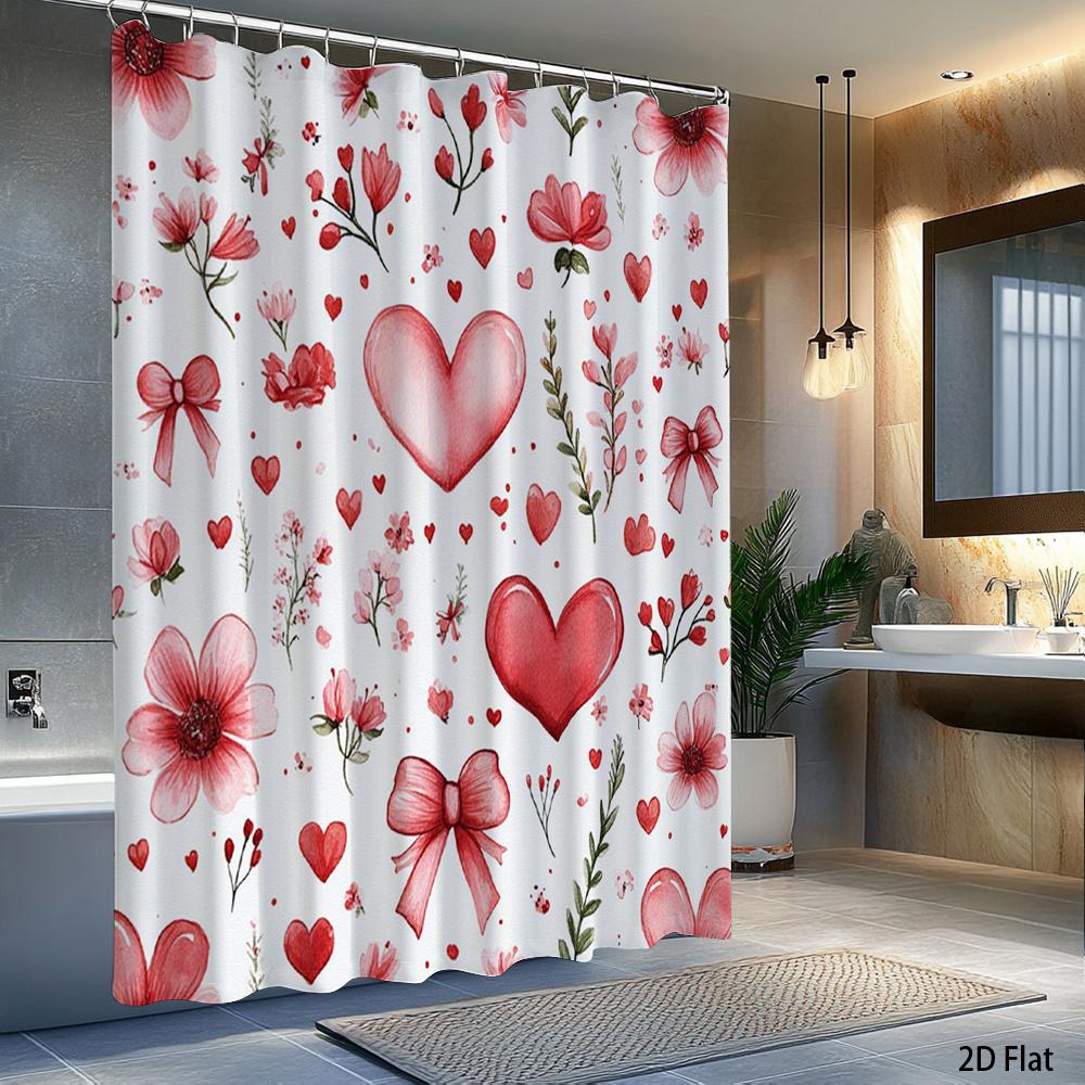 1Pc Heart-Shaped Bow Patterned Shower Curtain, Machine Washable Fabric, With Hooks, Suitable For Bathroom Decoration.