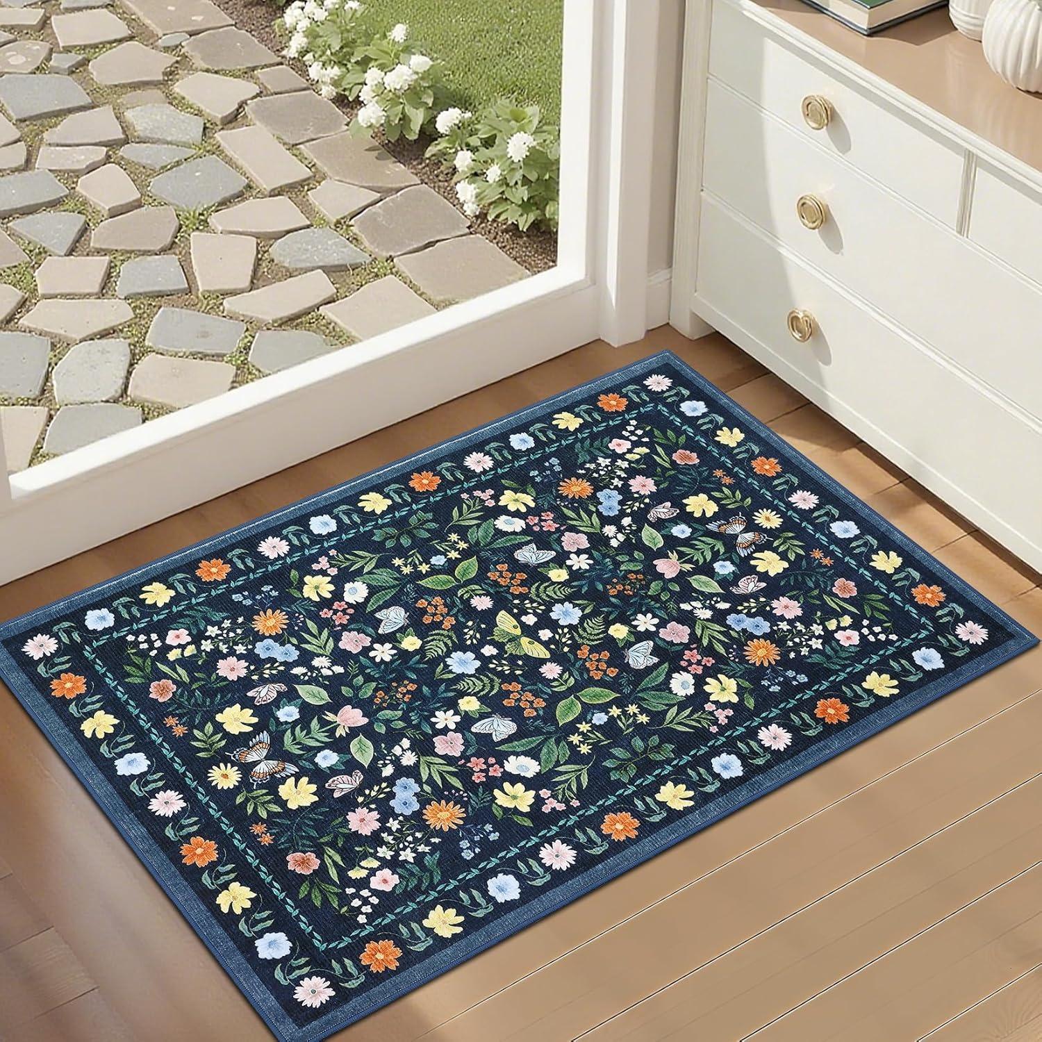 

Rustic Style Floral Butterfly Pattern Doormat Home Daily Decor Absorbent Anti-Slip Rug Boho Indoor Outdoor Entryway Decor Carpet 30x50cm