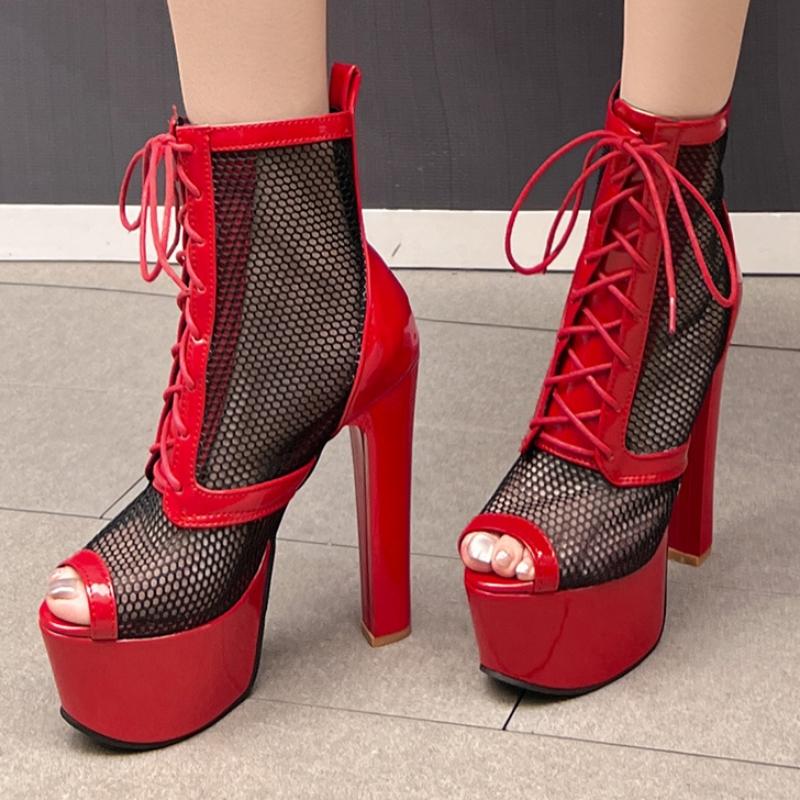 Sexy Platform Ankle Boots for Women Lace Black Red Short Dance Boot High Heel Party Dance Shoes Lady Big Size 45 2025 Summer