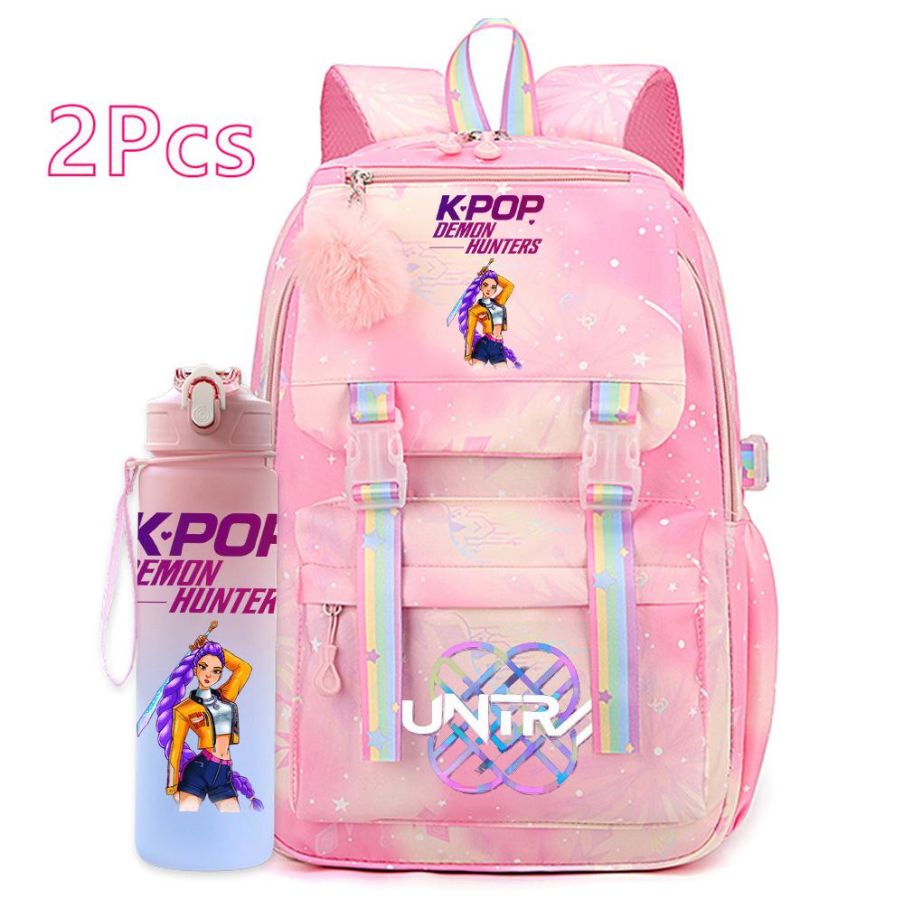 2Pcs/set Anime Cartoon Kpop Printed Backpack with 750Ml Water Bottler Large Capacity Travel Bag for Teenager Girl Boy Bookbag Kid Gift Rucksak