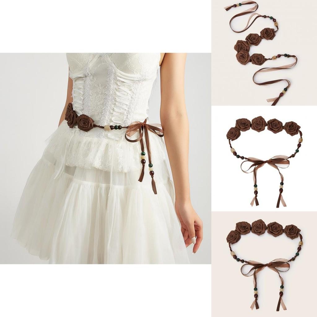 Ethnic Style Skinny Waist Band With Fabric Flower Decor For Boho Dresses