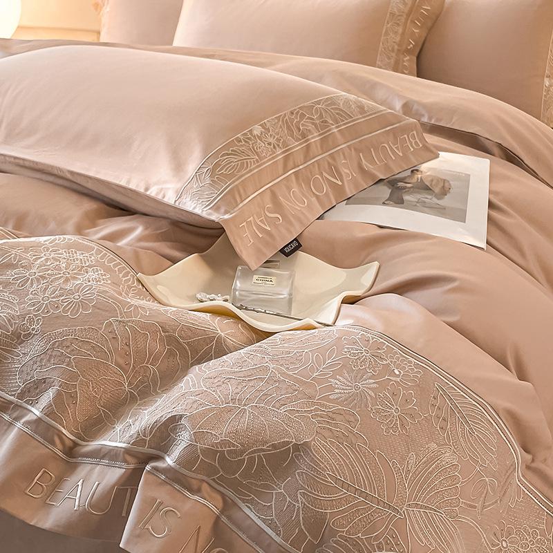 

2024 Роскошный комплект из 100% хлопка с длинным волокном и вышивкой для двуспальной кровати, четыре предмета 200x230 Single Quilt Cover