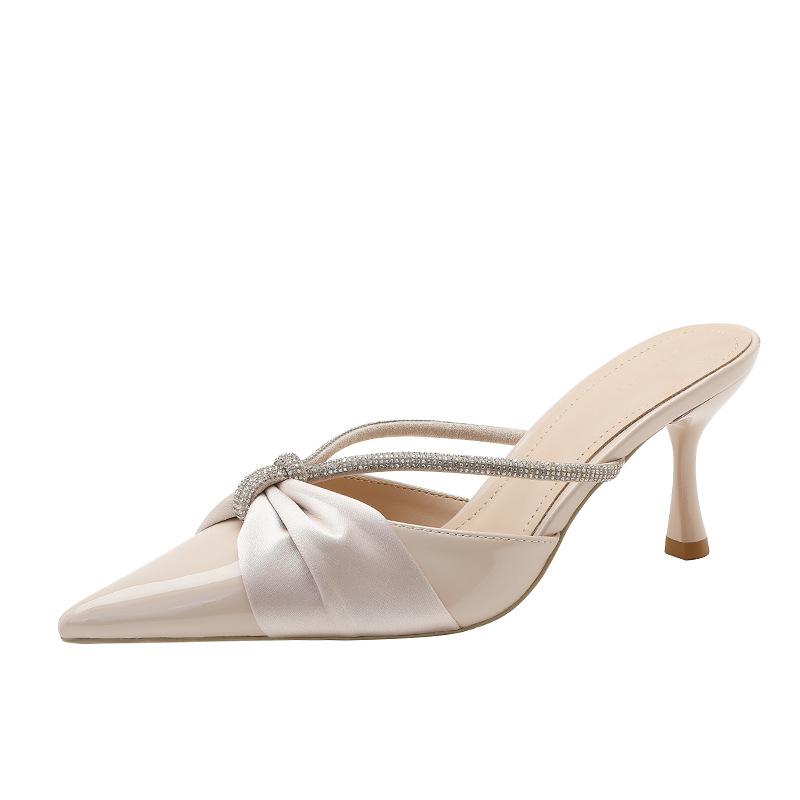 Baotou sandals women's new satin pointed rhinestone high-heeled sandals fashionable versatile outer wear half drag