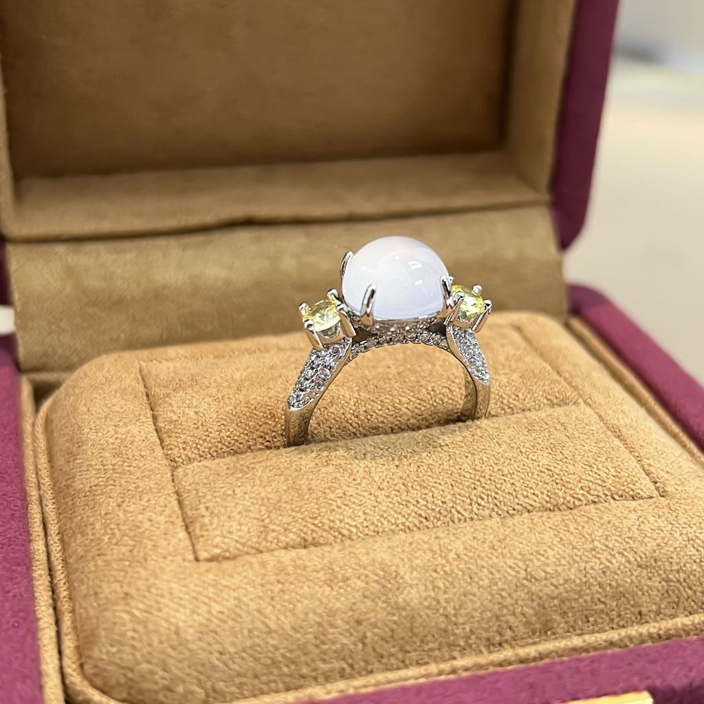 New in Chinese style natural chalcedony yellow diamond rings for women simple   circular white ring wedding jewelry