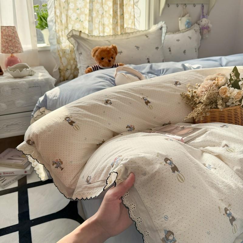 2026 Faux Cotton Washed Lace Bedding Set Floral Duvet Cover