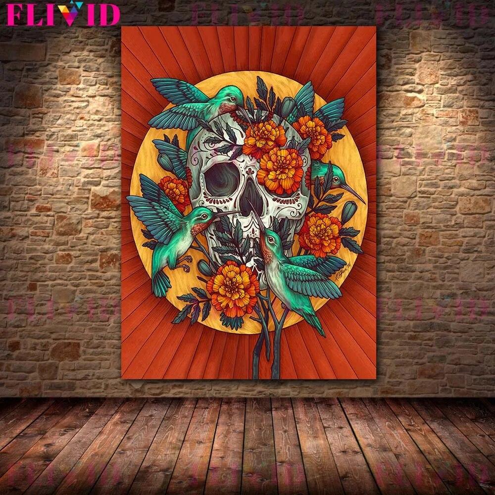 Skeletons,Flowers & Mysterious Animals Vintage Wall Art Canvas Painting Bat Opossum,Astrology Moon Stars Planets Poster Print No Frame