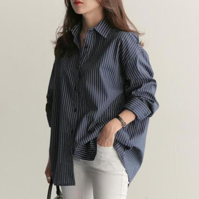 Women Navy Vertical Stripe Lapel Button Down Shirt Oversized Long Sleeve Loose Casual Blouse S синий