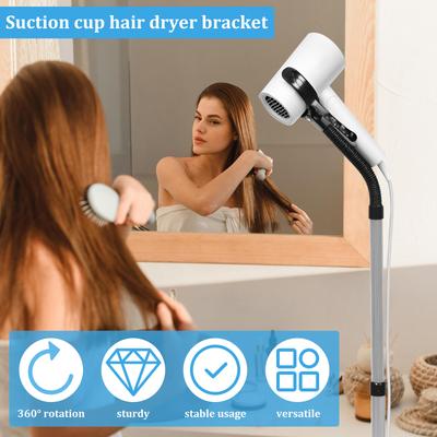 Suction Cup Hair Dryer Stand 360° Rotating Adjustable Height Countertop Blower Holder for Bathroom Vanity Makeup Room