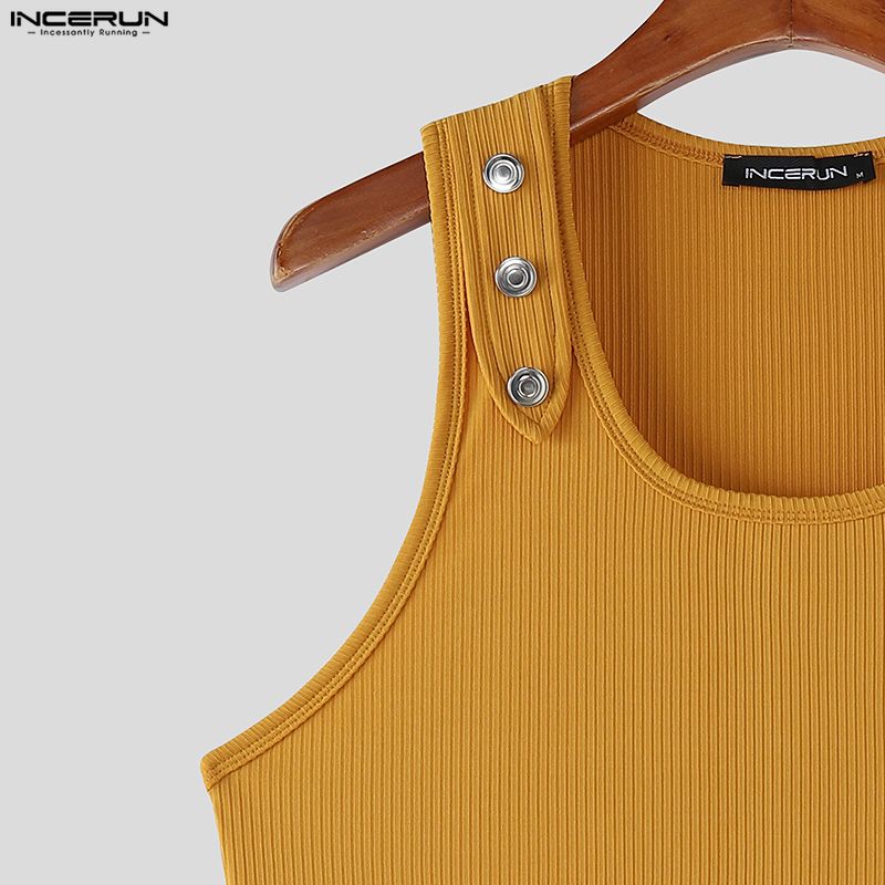 INCERUN Summer Men Sleeveless Strap Decorative Ribbed Casual Tank Tops