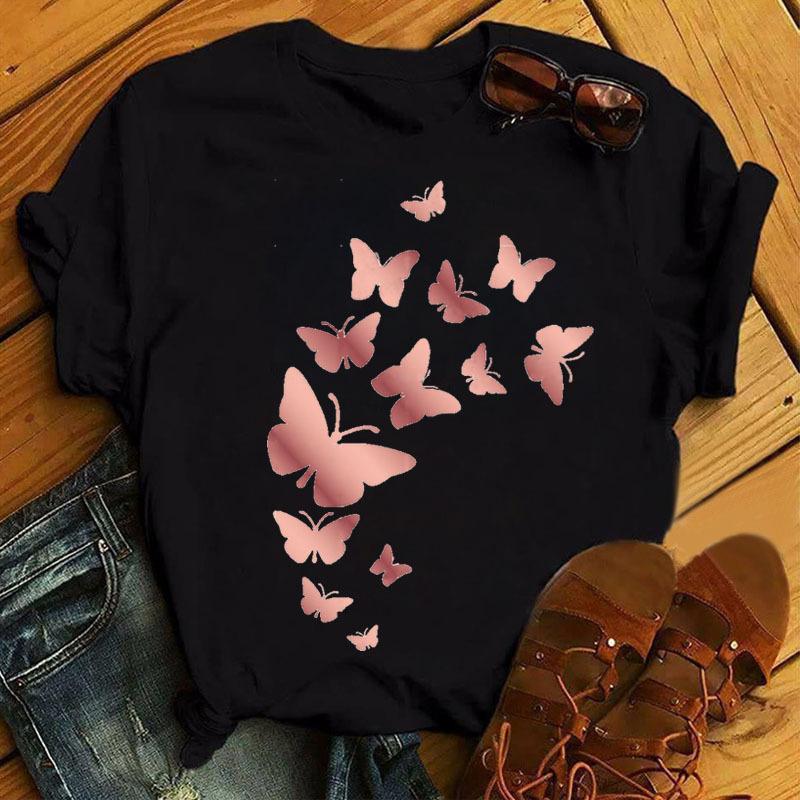 Fashionable Plus Size Color Butterfly Print Simple Base Shirt Loose Fitting Clothes Pure Cotton T-Shirts Women’s