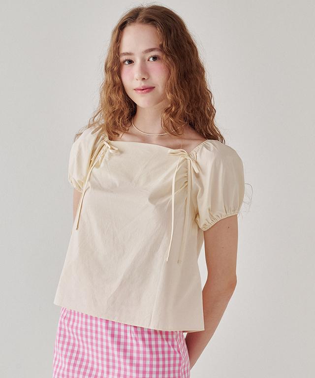 RONRON Shirring Ribbon 2 Way Puff Sleeve Half Blouse Cream