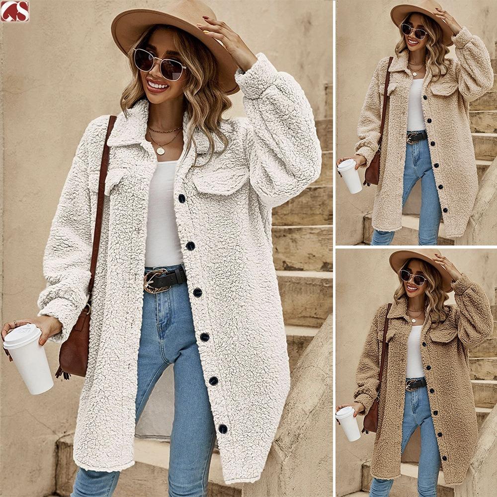 Women's Lapel Long Sleeve Teddy Coat Loose Fit Solid Color Single Button Pocket Commuter Long Fleece Jacket