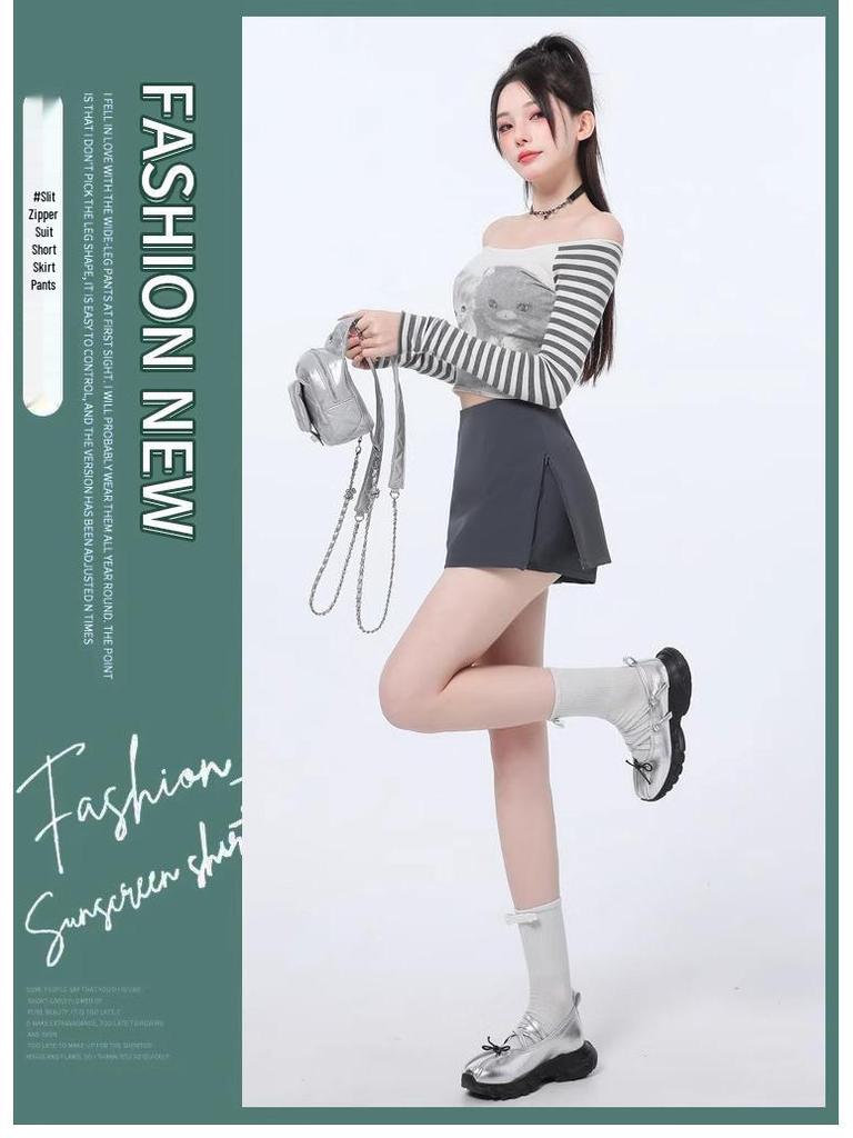 2025 New Women's Gray High Waist Slit A-line Bodycon Skirt Pants - Spring/Autumn Fashion