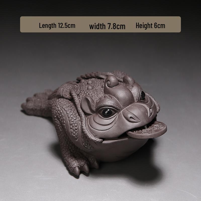 Handmade Purple Clay Three-Legged Golden Toad Tea Pet Ornament for Tea Table or Office.