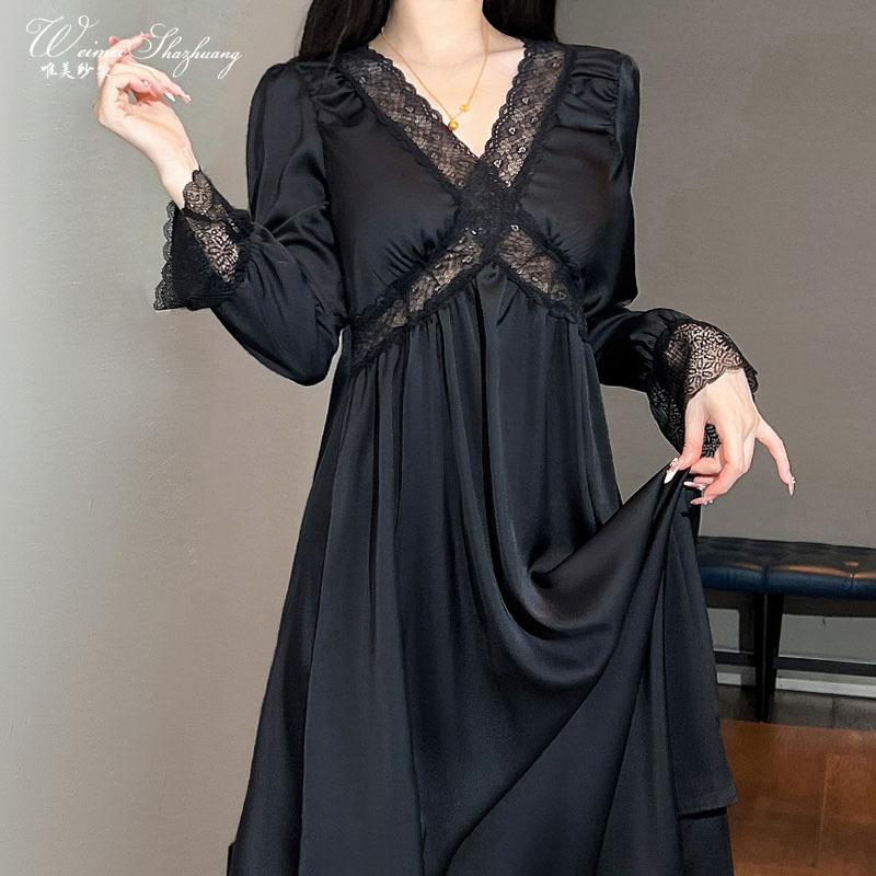 Beautiful Yarn Autumn New Long-sleeved Nightdress Women's Sexy Lace Court Style Long Dress Spring and Autumn Home Nightdress Loungewear