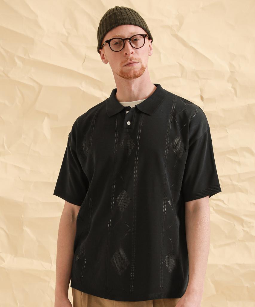 STAGE NAME Summer Diamond Punching Knit Polo Shirt_Black