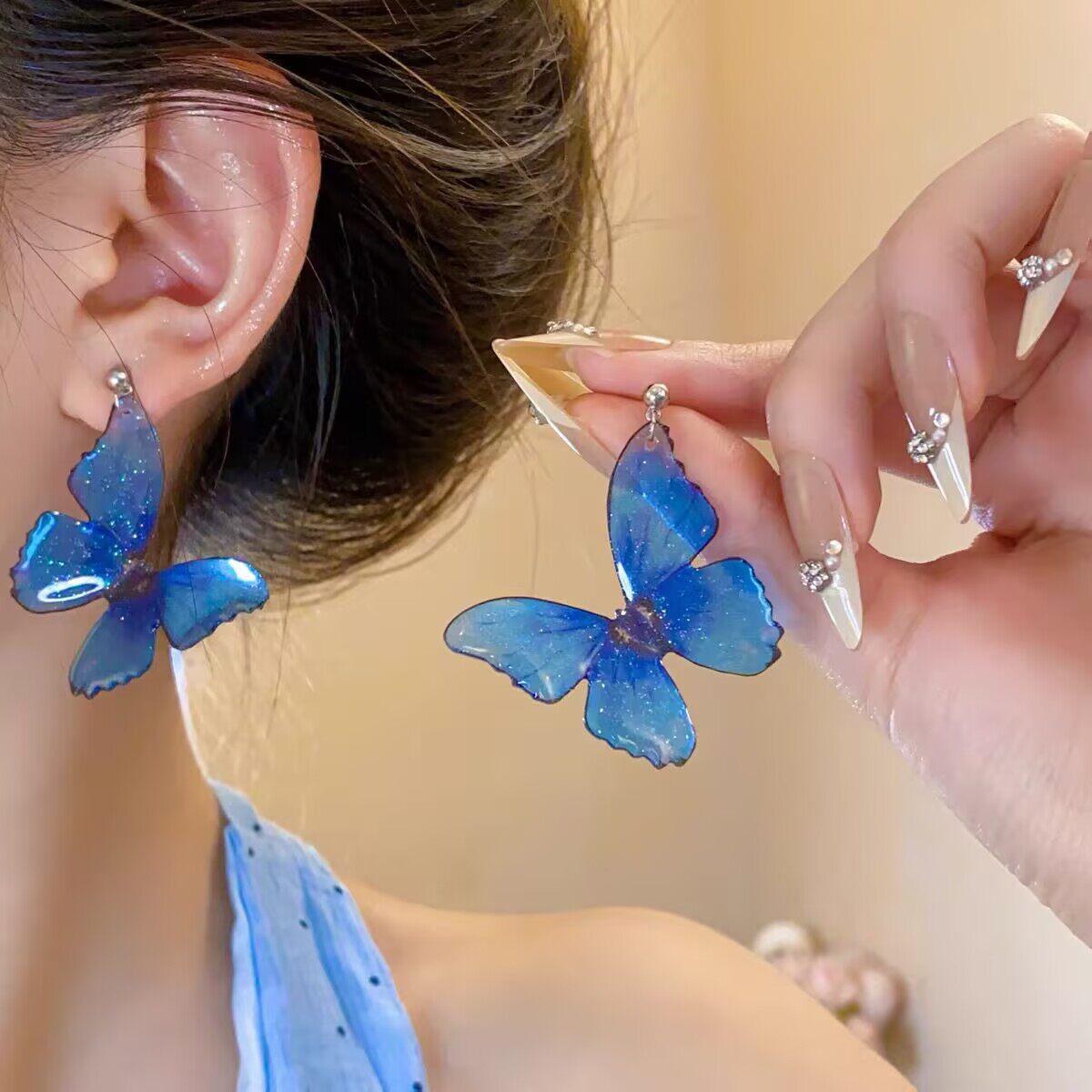 Blue Gradient Butterfly Stud Earrings: Elegant, Forest-Inspired, Versatile Design - Perfect for Photos.