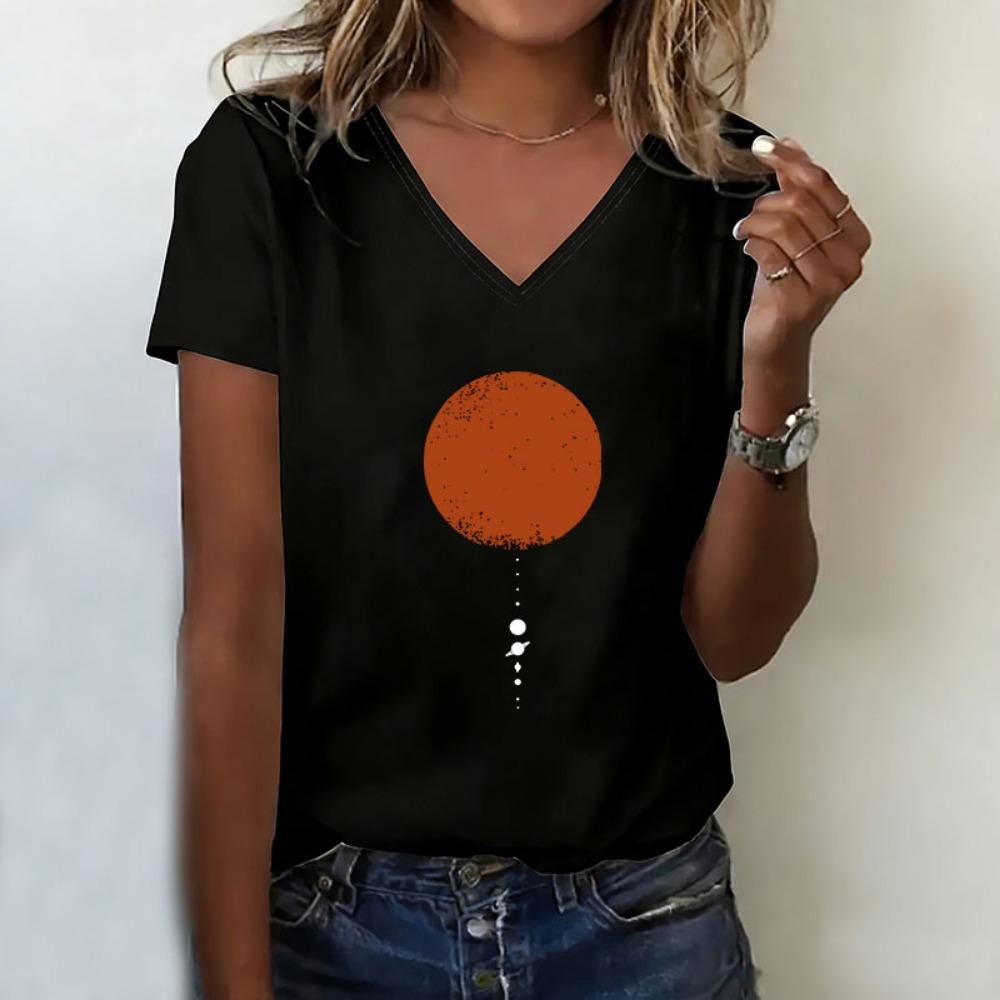 Japanese Style Moon Sun T-shirt V Neck Casual Fashion Vintage T Shirts Women Short Sleeve Tee Shirt V-Neck Retro Shirt S