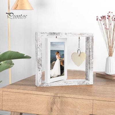 Drehbarer Bilderrahmen aus Holz, doppelseitiger Fotohalter mit Herzanhänger, freistehender Tisch-Fotorahmen, Geschenke für Freunde und Familie