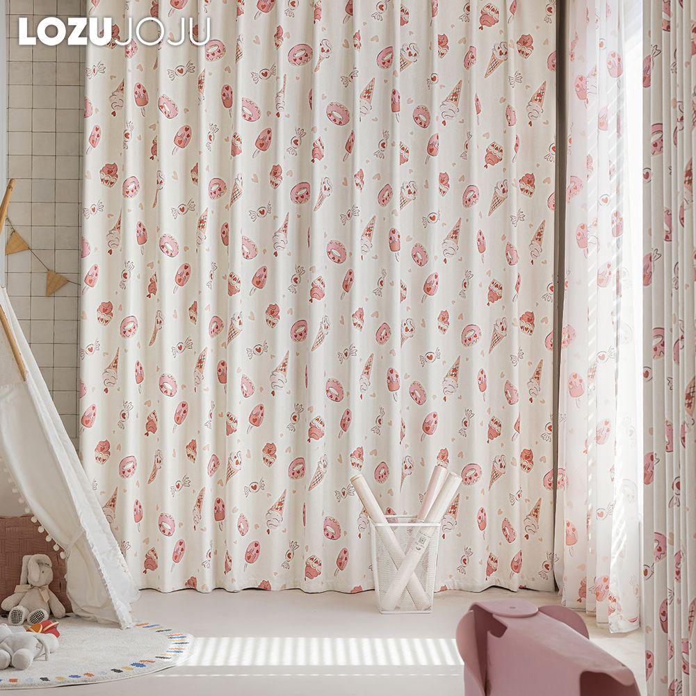 1PC LOZUJOJU Cream Colored 90% Blackout Curtains Cartoon Ice Cream Printed Curtains for Bedroom Living Room Balcony Window for Home Decor