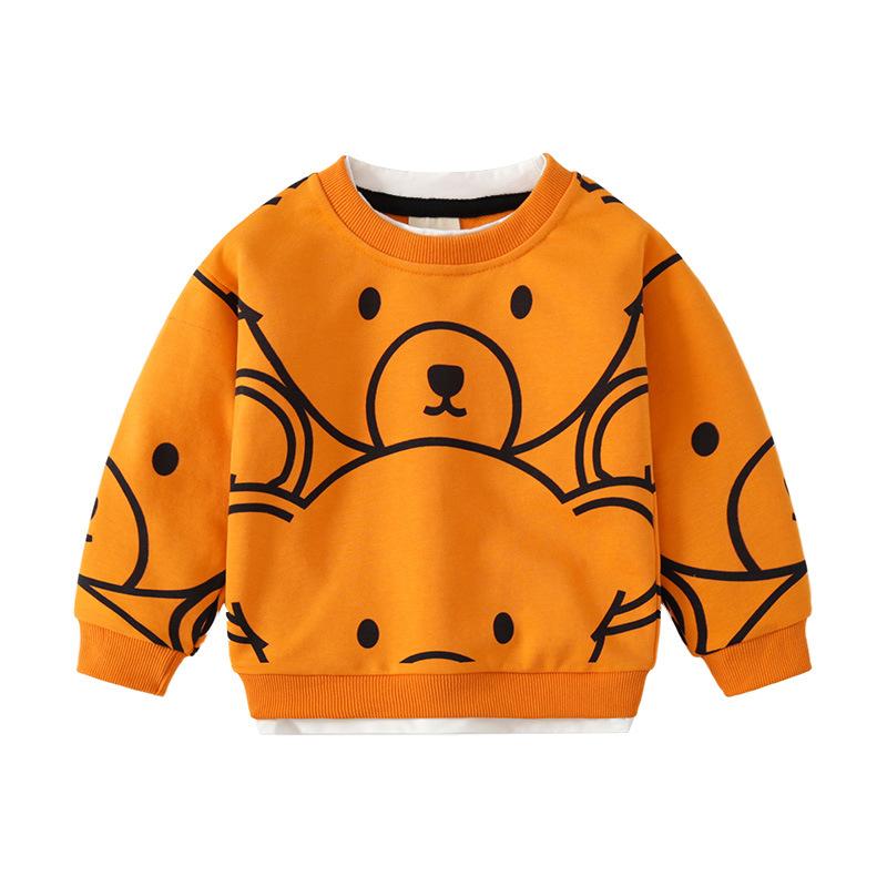 Autumn Trend Boys Sweater Monochrome Cartoon Bear Casual Top Crew Neck Cotton Long Sleeve Children's Pullover