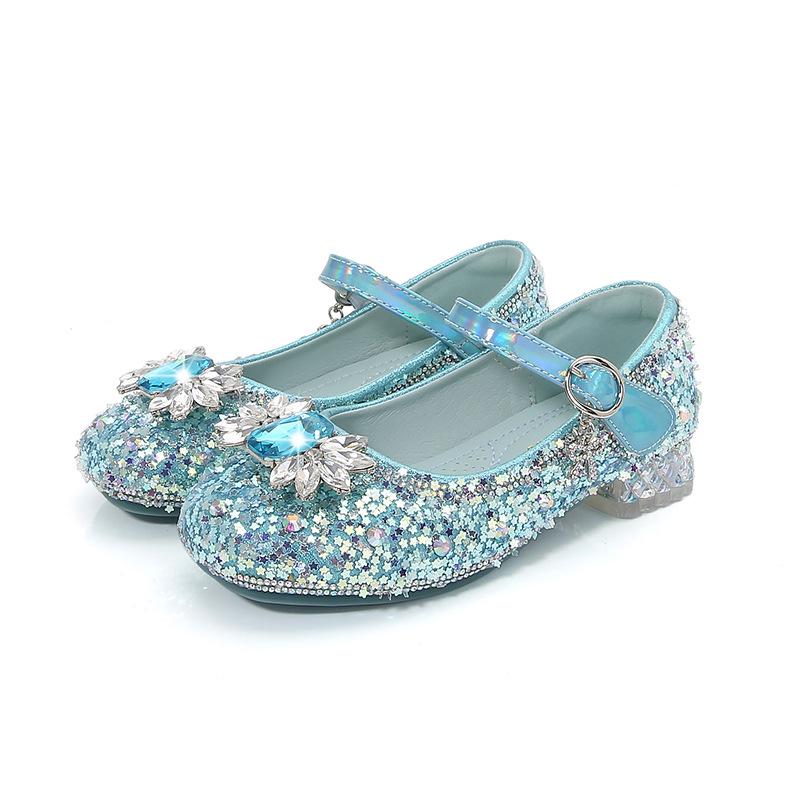 2024 New Autumn Crystal Princess Sequin High-Heel Leather Shoes for Girls