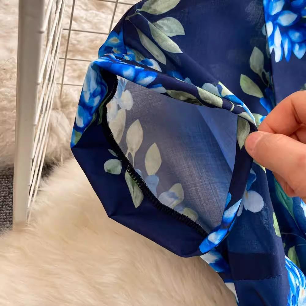 Summer Elegant Short Sleeve A Line Shirt Dresses Women's Turn Down Collar Vintage Leaves Print Runway Belt Midi Dresses